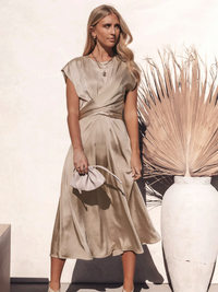 Damen Kurzarm Wickel Midi Hochzeitsgast Kleid in Beige