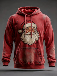 Men's Vintage Distressed Santa Claus Print Long Sleeve Hooded Sweatshirt in Rot