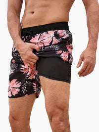 Herren-Badeshorts mit Kompressions- und schnell trocknendem Stoff in Schwarz-orangefarbene Gezeiten
