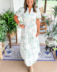 Julie | Toile Muster V-Ausschnitt Maxikleid in Grün