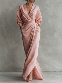Anneliese | Rosa Leinen Maxi Kleid V-Hals in Rosa