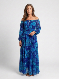 Aspen | Off-Shoulder Blumenkleid Maxi in Blau