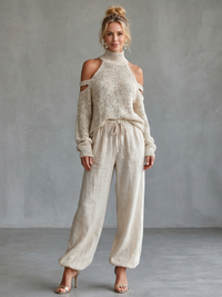 Questa | Offene Schulter Stricktop und Weite Hose Set in Beige