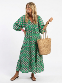Fiora | Floral Print V-Ausschnitt Schicht Midi Kleid in Dunkelgrün