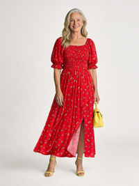 Delphine | Midi-Kleid mit quadratischem Ausschnitt und Blumenmuster in Rot