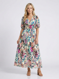 Eulalie | V-Ausschnitt Kurzarm Kleid mit gerafftem Taillenbereich Midi in Blumen