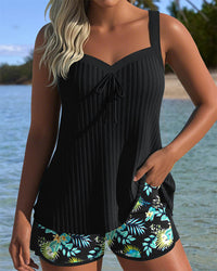 Olina | Gestreifter Tankini mit passenden 2-teiligen Badeshorts in Schwarz