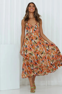 Damen Bedruckt Dünne Träger Midi Sommerkleid in Orange