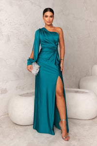 Sophie | Damen Maxikleid elegant einseitig schulterfrei in Türkis