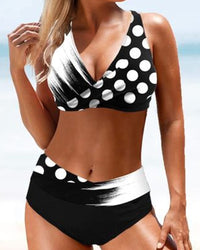 Samantha – Hohe Taille bunter Bikini Badeanzug in Schwarz