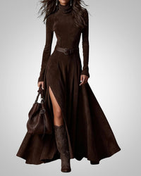 Ruth | Damen Lässig Langarm Hoch Hals Maxikleid in Braun