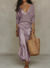 Elena | Midi Kleid aus Satin mit Inkludiertem Pullover in Lila