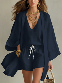Antje | 3-teiliges Set mit Cardigan und Shorts in Marineblau