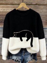 Damen Oversized Pullover mit Farbblockdesign und Katzenmotiv in Schwarz