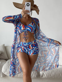 Catherine – 3-teiliges Bikini-Set mit Langarm-Cardigan für den Sommerstrand in Dunkelblau