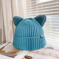 Gestrickte Wintermütze mit Katzenohren von PurrWarm in Blau
