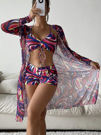 Catherine – 3-teiliges Bikini-Set mit Langarm-Cardigan für den Sommerstrand in Saphirblau