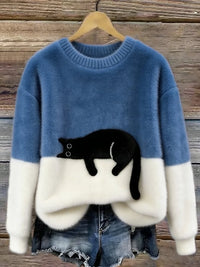 Damen Oversized Pullover mit Farbblockdesign und Katzenmotiv in Blau