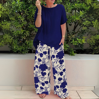 Abigail | Weites Bein Blumenmuster Zweiteiliges Set in Marineblau