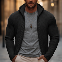 Men's Basic Solid Color Slim Fit Hooded Zip-up Knit Cardigan in Schwarz