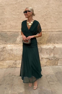 Louise | Elegantes Maxikleid für Feste mit V-Ausschnitt in Flaschengrün