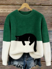 Damen Oversized Pullover mit Farbblockdesign und Katzenmotiv in Grün