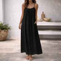 Tamara | Spaghettiträger Maxi Sommerkleid in Schwarz