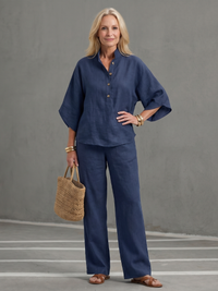 Amity | Knopf-Front Relaxed Tunika-Hosen-Set in Marineblau
