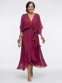 Elysia | V-Ausschnitt Drapiertes Taillenband Midi-Kleid in Rot