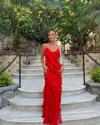 Damen Rüschen Lange Maxi Sommerkleid in Rot