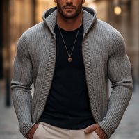 Men's Basic Solid Color Slim Fit Hooded Zip-up Knit Cardigan in Hellgrau