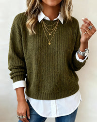 Sophie | Damen Pullover mit Kragen & Patchwork-Design in Grün