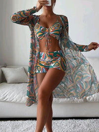 Catherine – 3-teiliges Bikini-Set mit Langarm-Cardigan für den Sommerstrand in Dunkelgrün