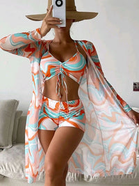 Catherine – 3-teiliges Bikini-Set mit Langarm-Cardigan für den Sommerstrand in Orange