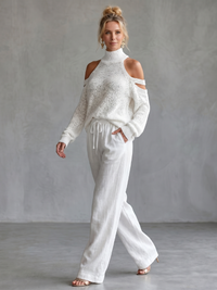 Questa | Offene Schulter Stricktop und Weite Hose Set in Weiß