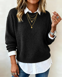 Sophie | Damen Pullover mit Kragen & Patchwork-Design in Schwarz