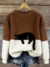 Damen Oversized Pullover mit Farbblockdesign und Katzenmotiv in Braun