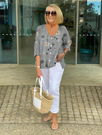 Julia | Florale Bluse Elegante Sommer Look in Grau