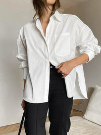 Damen Lang Weiß Geknöpft Kragen Bluse in Weiß