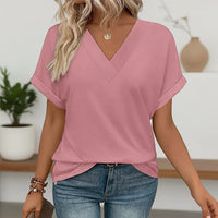 Damen V Ausschnitt Bluse Fledermausärmel Oberteil Locker in Rosa