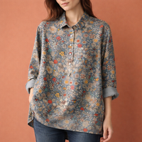 Blumenmuster Bluse mit langen Ärmeln und Kragen für Damen | Viona in Blau-Grau