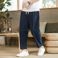 Herren Verstellbar Locker Geschnitten Leinenhose in Marineblau