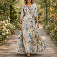 Denise™ - Elegante Blumenkleid mit V-Ausschnitt in Grau