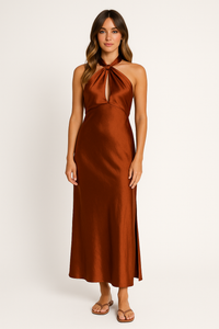 Damen Halter Maxi Party Abendkleid in Braun