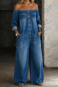 Elena | Off-Shoulder Langarm-Overall in Blau
