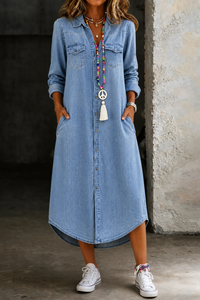 Helen | Lässiges elegantes langes Denim-Shirtkleid in Hellblau