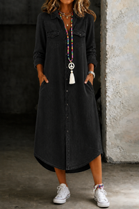 Helen | Lässiges elegantes langes Denim-Shirtkleid in Schwarz