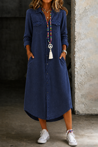 Helen | Lässiges elegantes langes Denim-Shirtkleid in Marineblau
