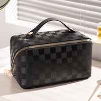 Damen-Reisekulturtasche, stilvolles Karomuster, strapazierfähiges Material in Schwarz