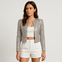 Damen Abendjacke Festlich Pailletten Strukturierter Blazer in Silber